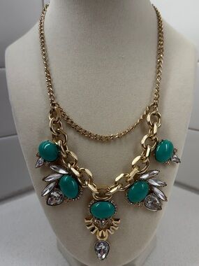 Gold-Tone Statement Necklace with Teal Cabochons